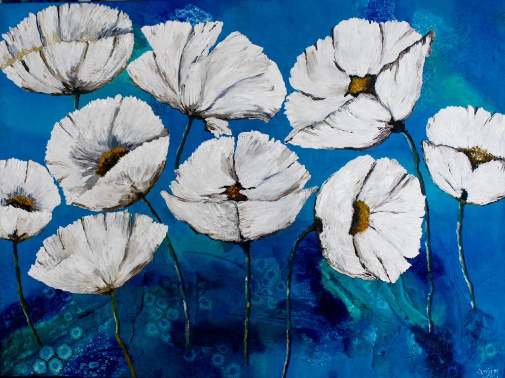 Painting - White poppies,Oil on Canvas, 30x40inches,SGD 1800 by Anjum Motiwala